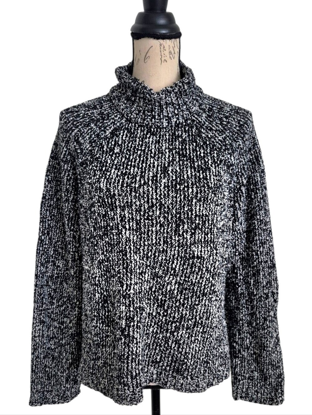 Eileen Fisher 100% Organic Cotton Mock Neck Boxy Sweater L Marled Chunky Knit